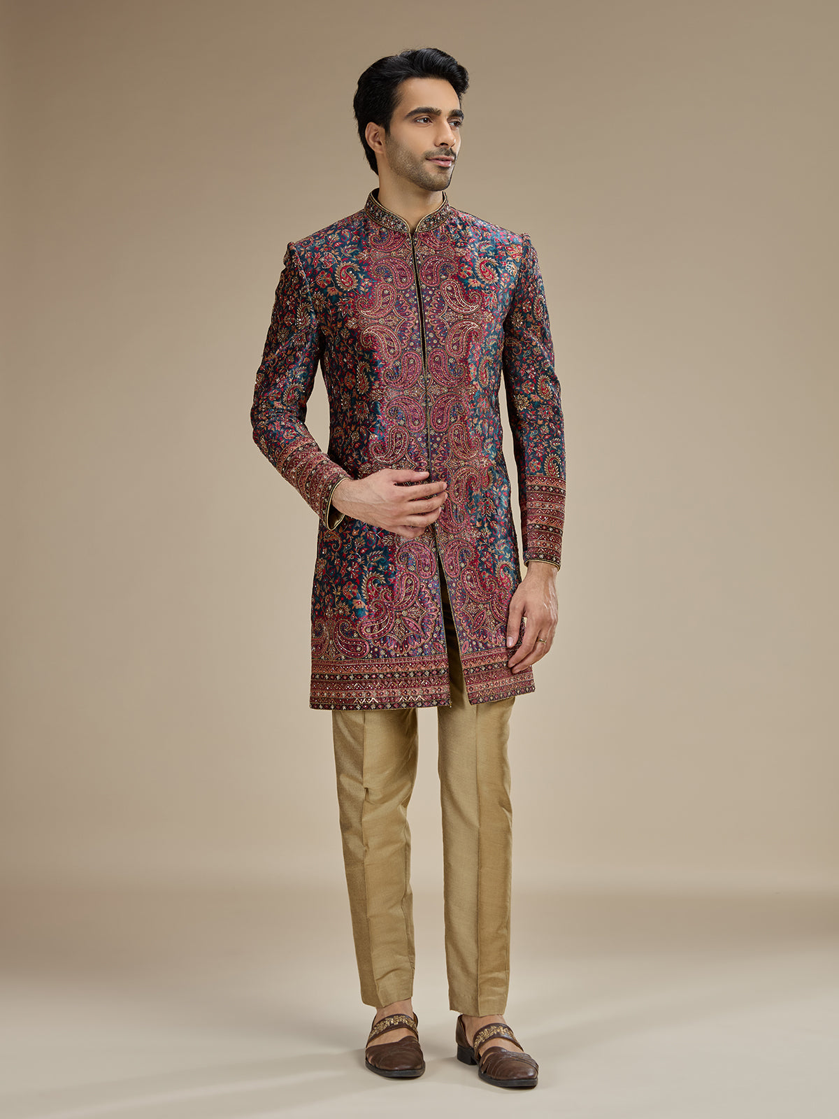 Traditional rama blue velvet indowestern for men