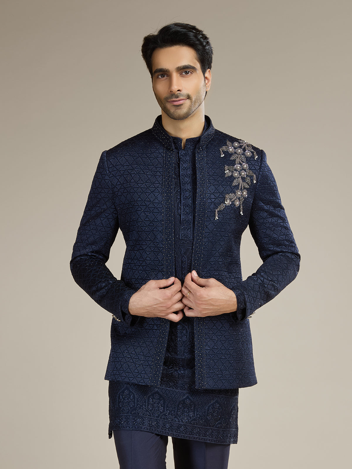 Navy silk blend wedding indowestern for men