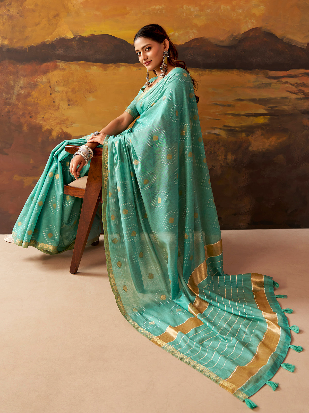 Mint blue woven modal cotton festive saree
