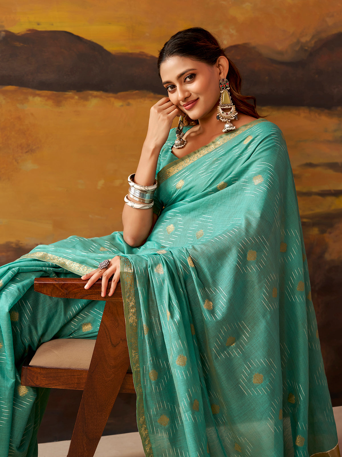 Mint blue woven modal cotton festive saree