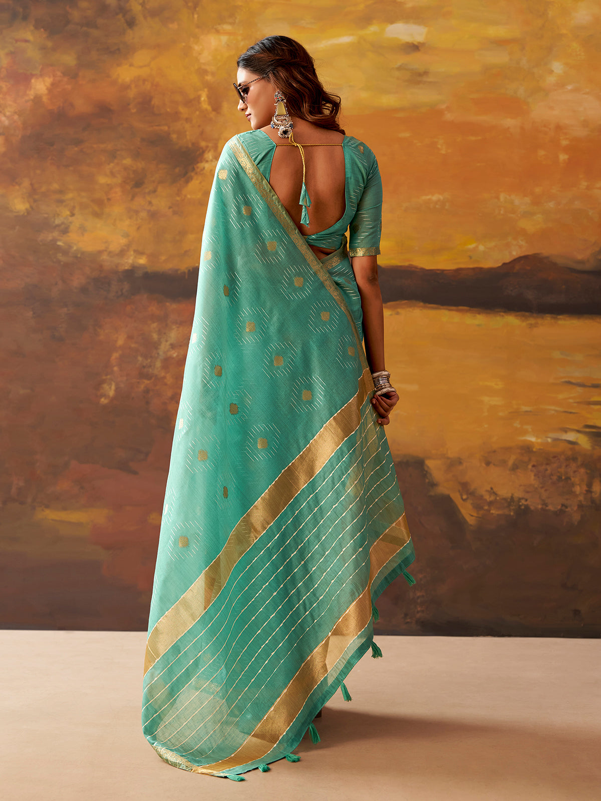 Mint blue woven modal cotton festive saree