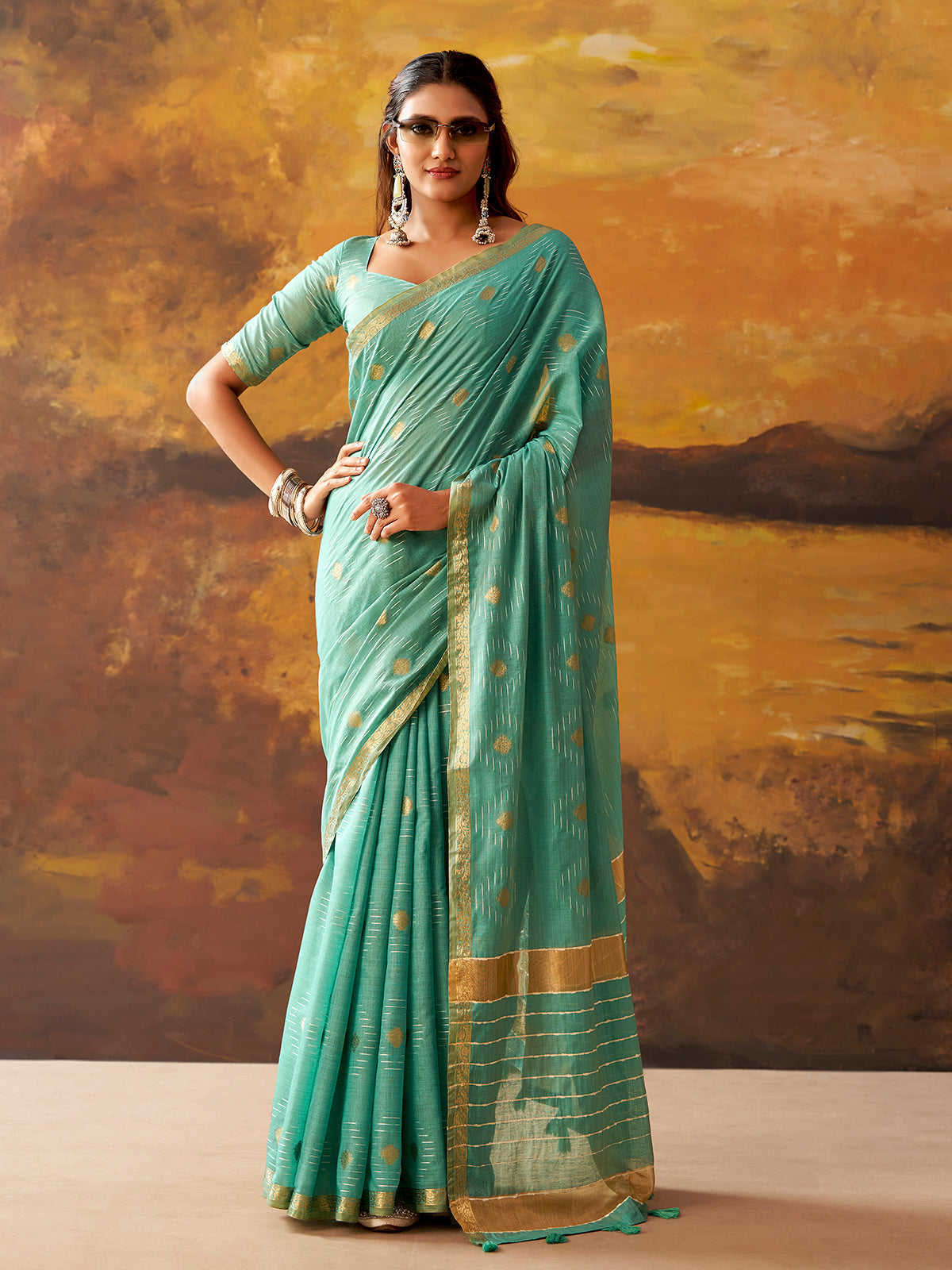 Mint blue woven modal cotton festive saree