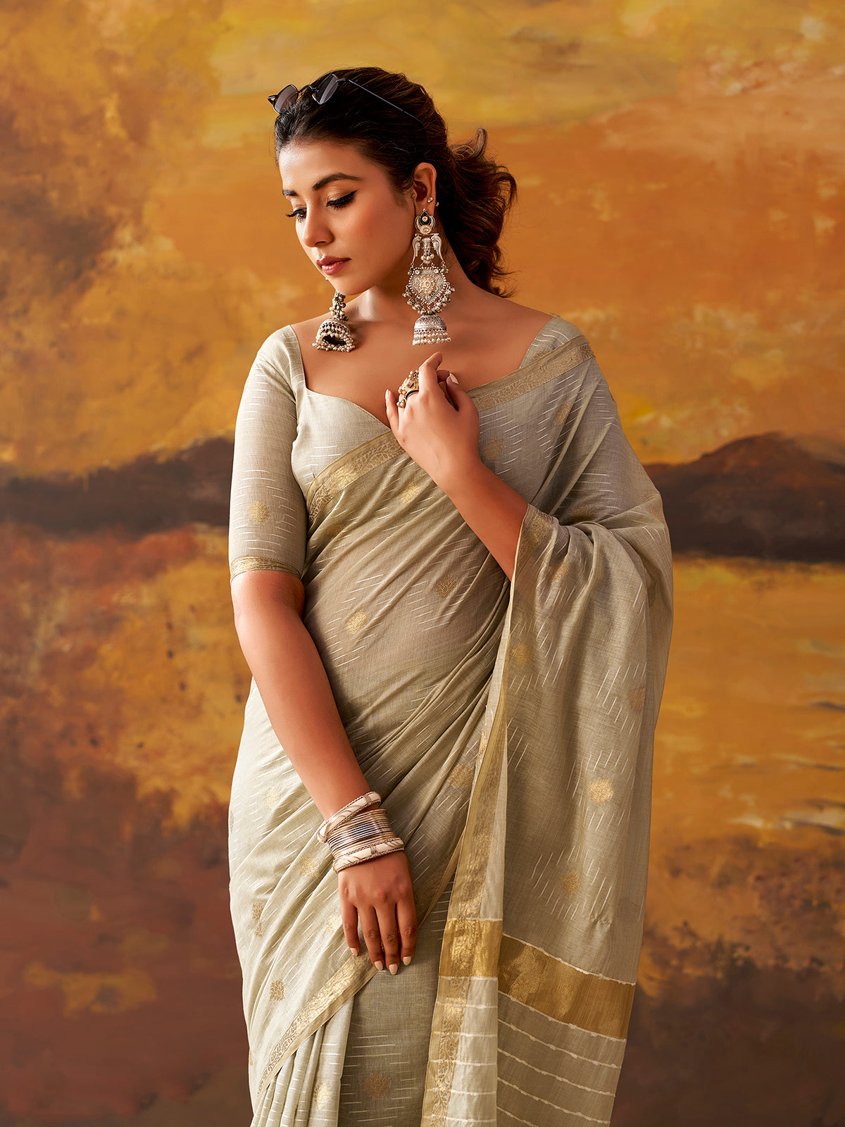Light grey woven modal cotton festive saree
