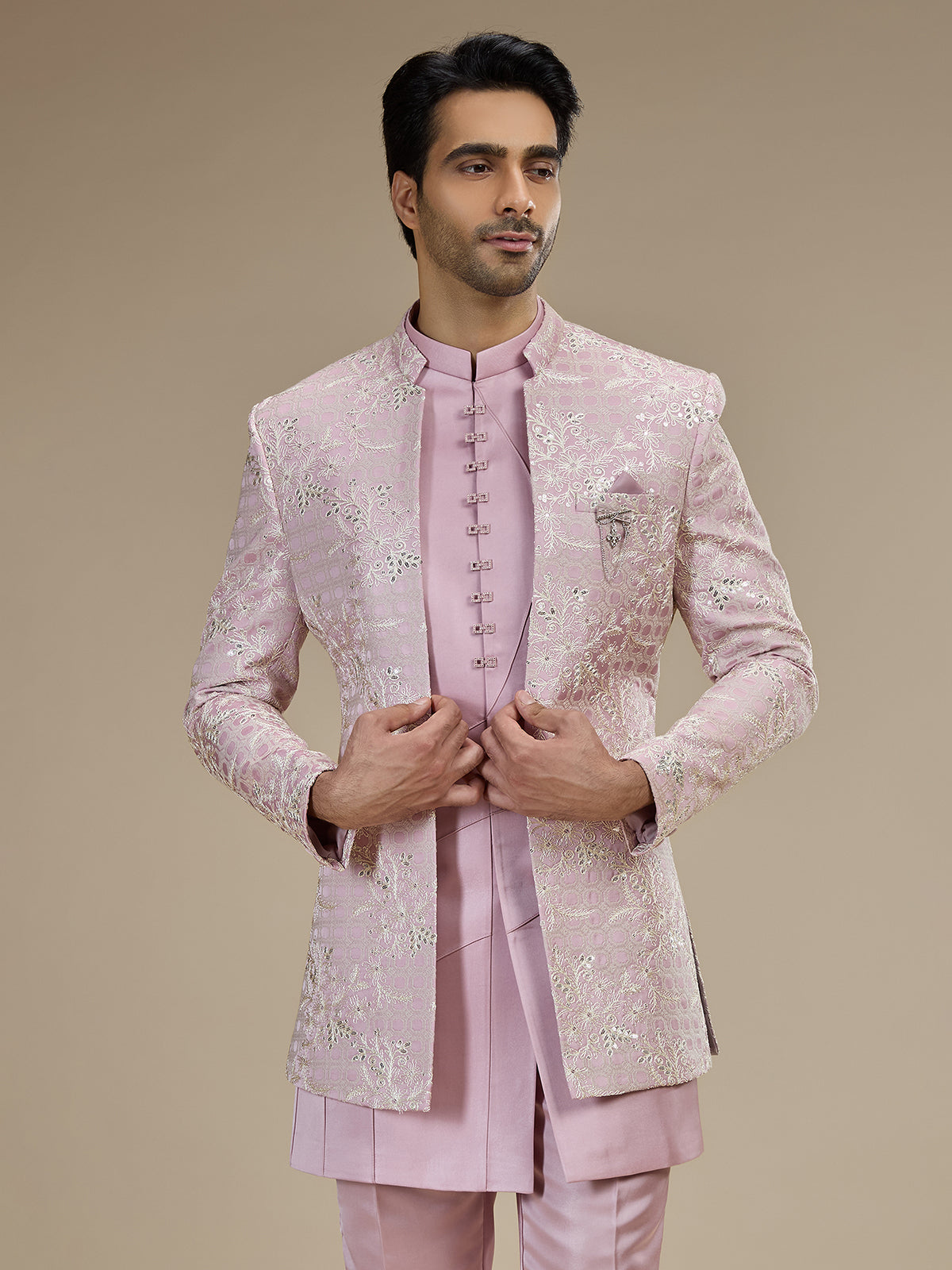 Pink men floral bandhgala indo western