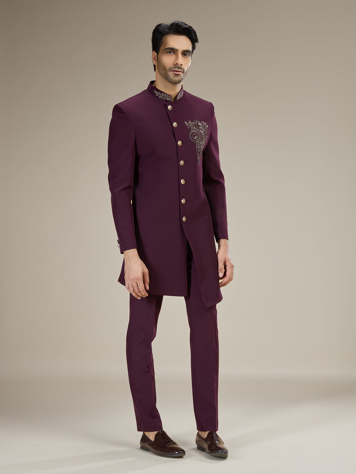 Wine men asymmetric couture indo western