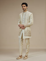 Cream men floral sequin indo western