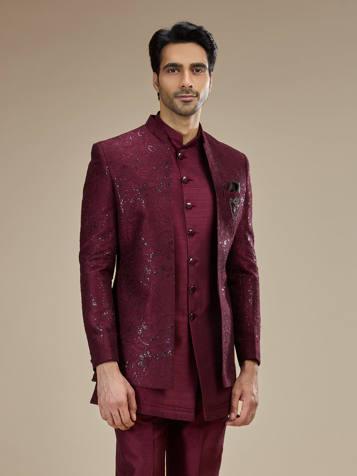 Maroon men layered brooch indo western
