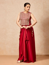 Crimson red women draped skirt indo western suit