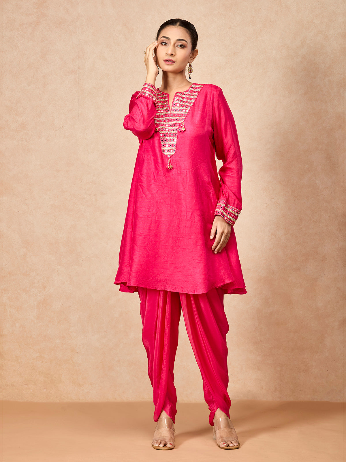 Pink women aabla embellished dhoti suit