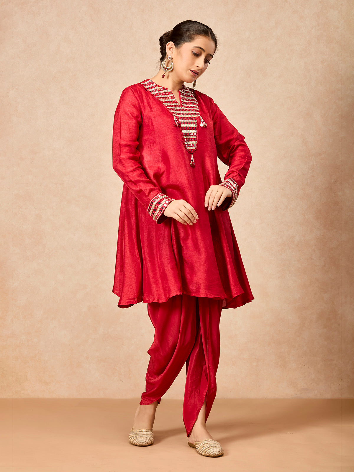 Maroon women aabla embellished dhoti suit