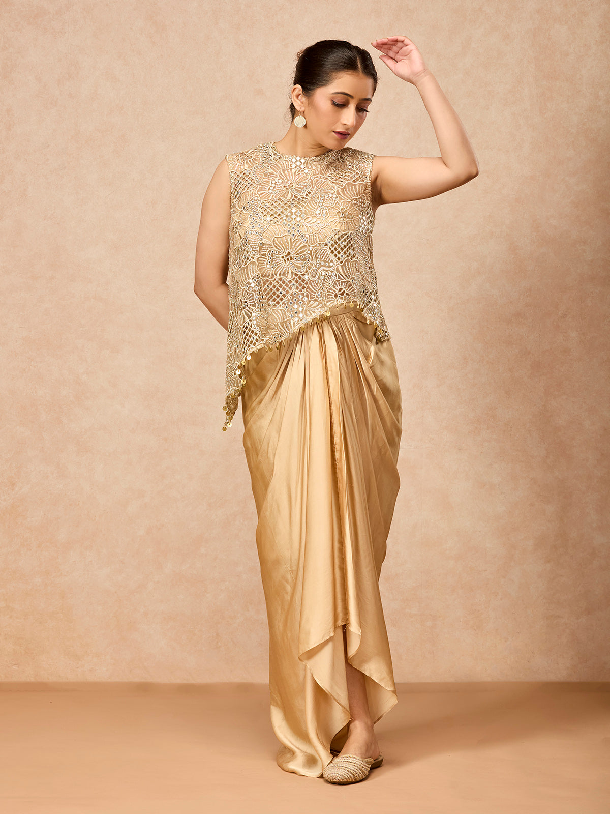 Gold women embellished tulip skirt indo western suit