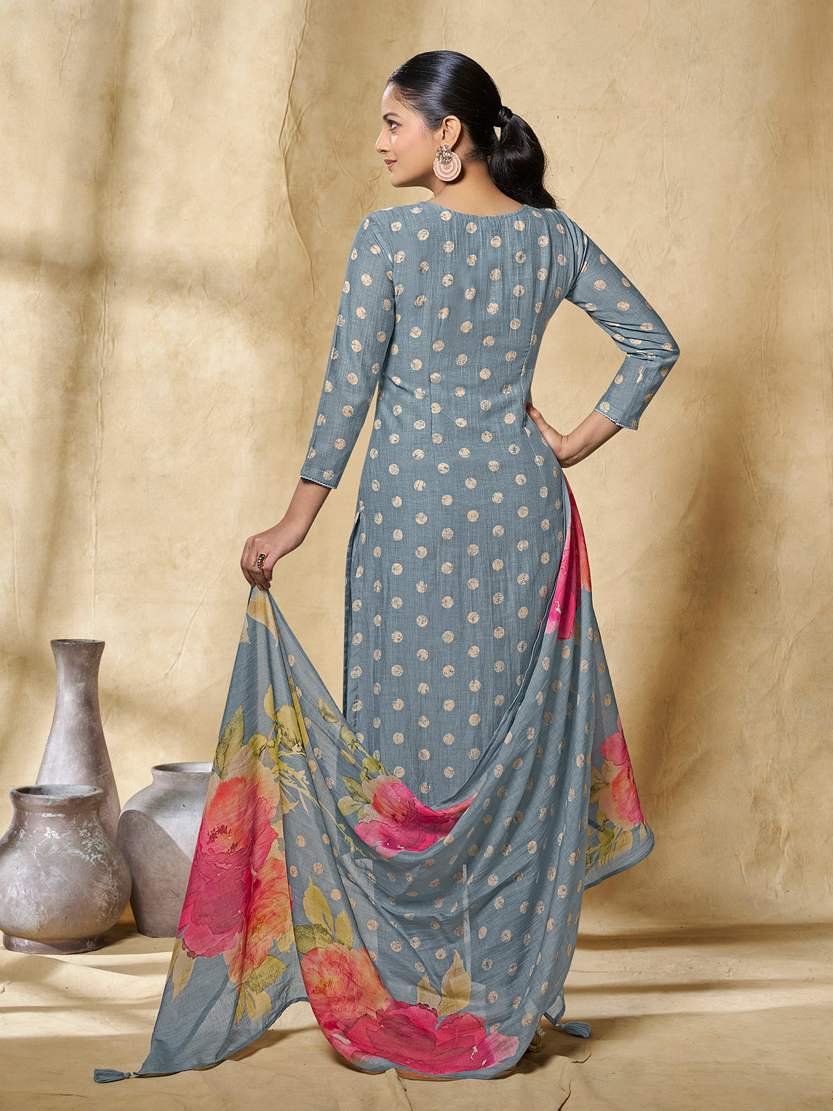 Steel blue women artistic floral kurti set