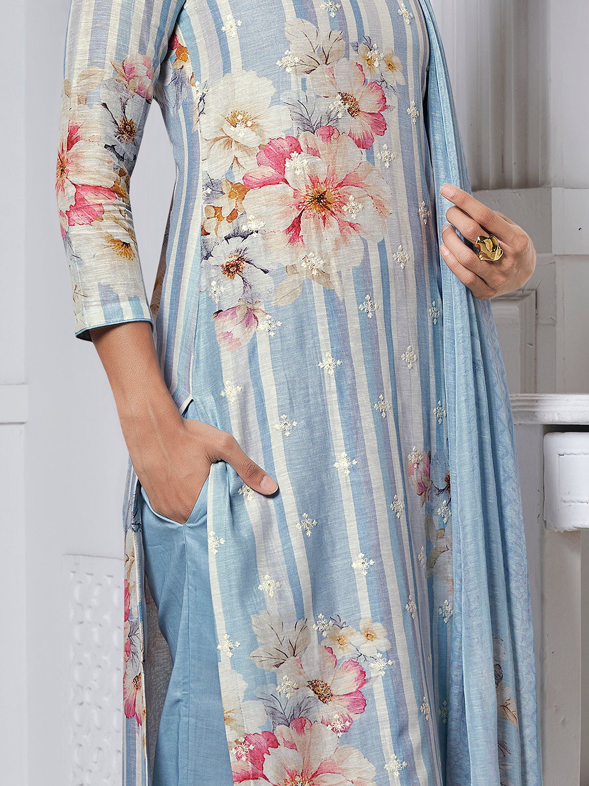 Powder blue women watercolor floral kurti set