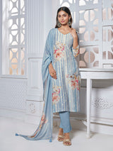 Powder blue women watercolor floral kurti set