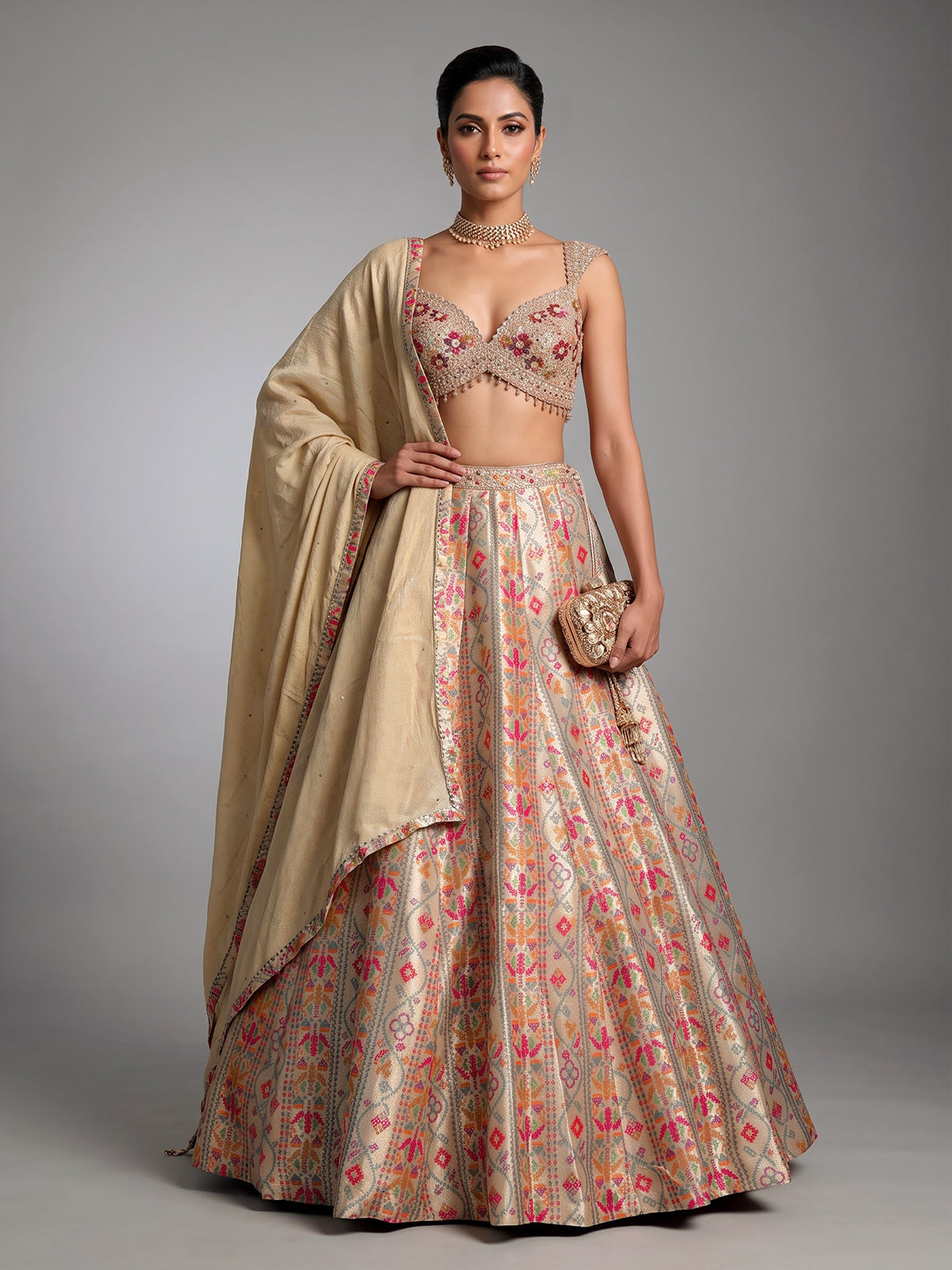 Pastel grey jacquard geometric floral lehenga choli with dupatta