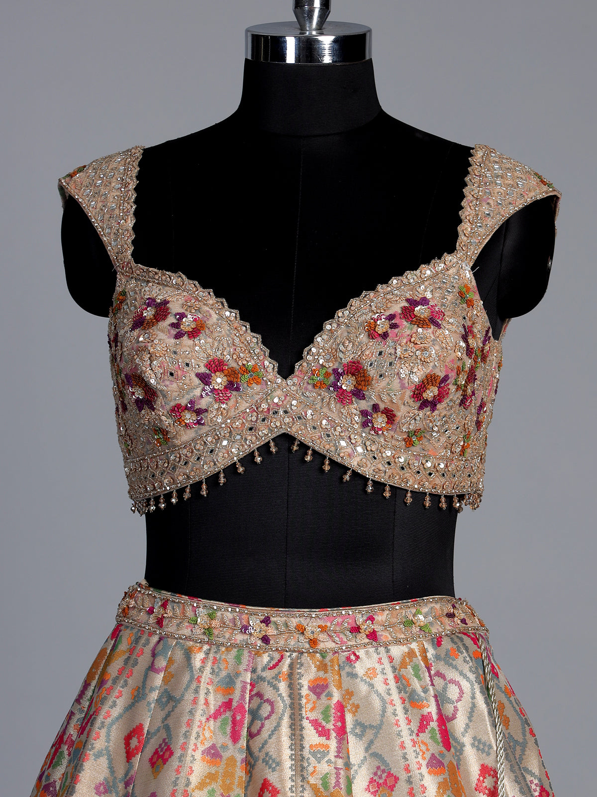 Pastel grey jacquard geometric floral lehenga choli with dupatta
