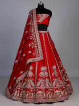 Red bridal raw silk unstitched lehenga choli