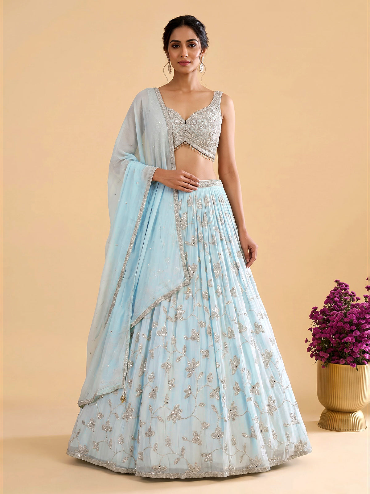 Mint blue georgette lehenga with floral embellished elegance