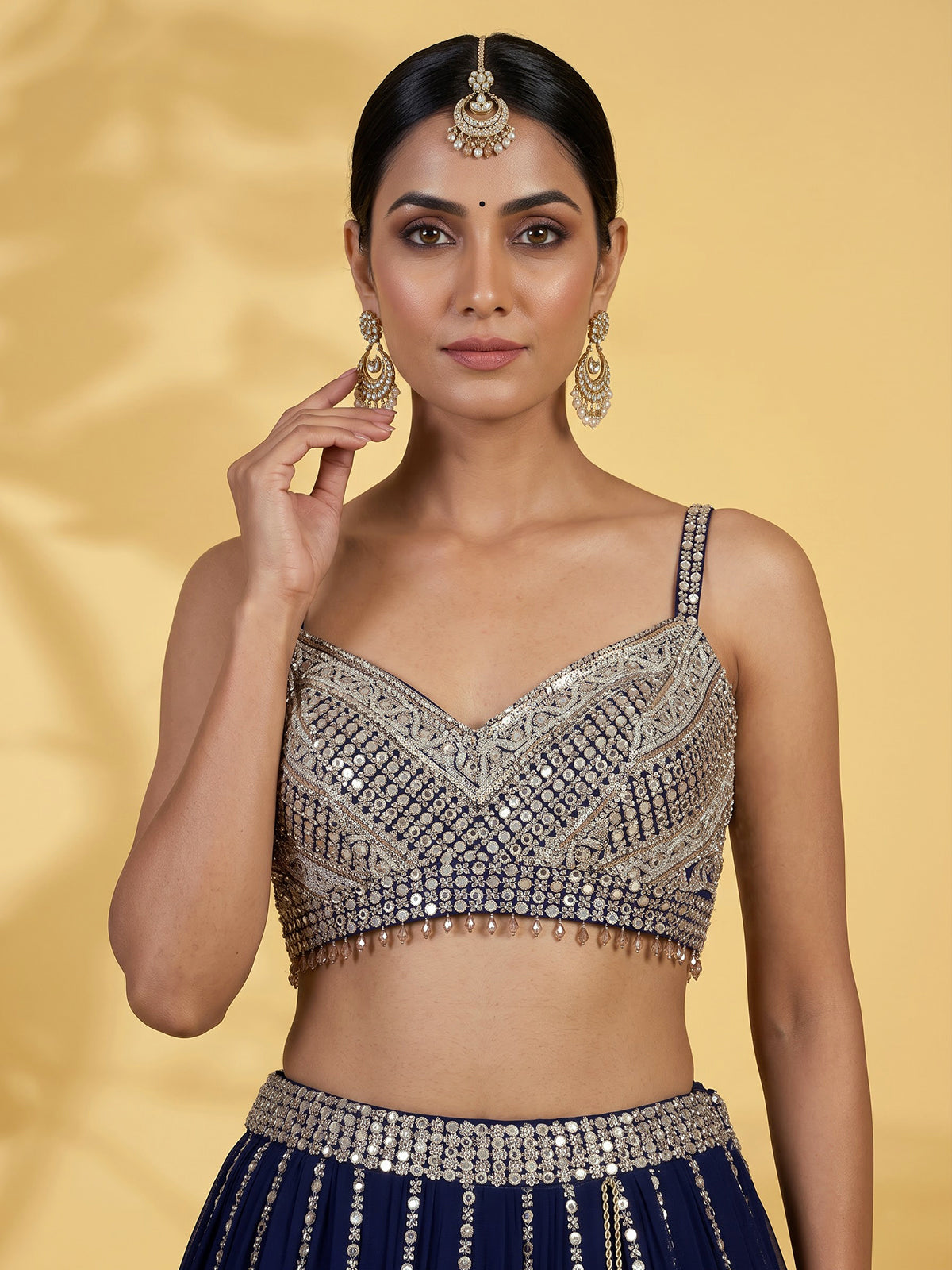 Navy blue georgette embellished lehenga choli with dupatta