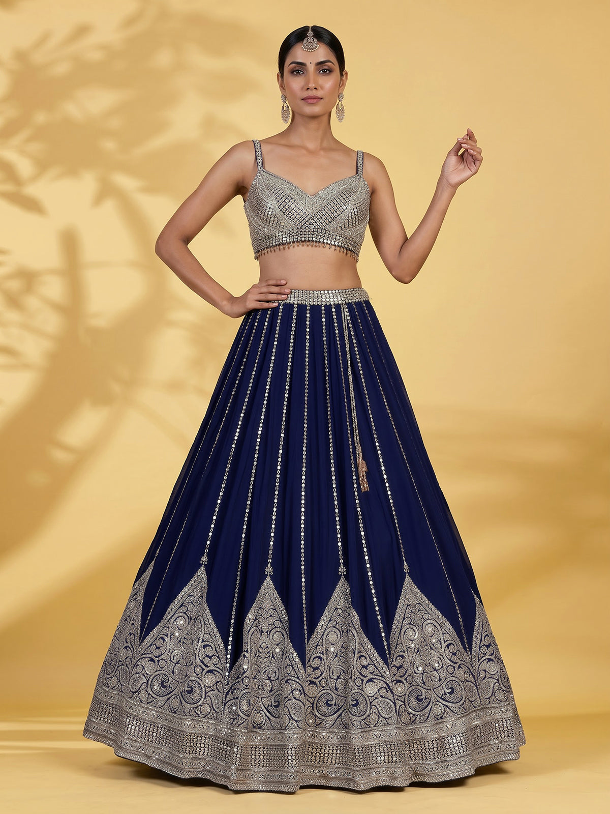 Navy blue georgette embellished lehenga choli with dupatta