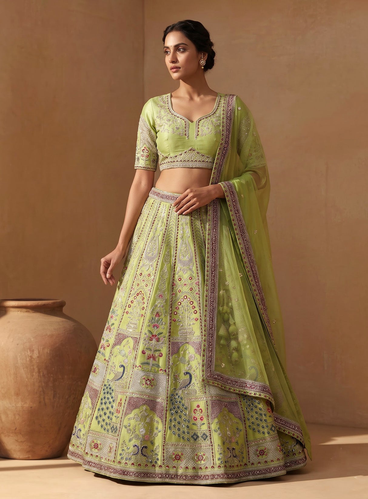 Pista green raw silk unstitched lehenga choli for wedding