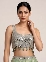 Pista green brocade silk lehenga choli with bandhani designer charm