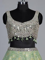 Pista green brocade silk lehenga choli with bandhani designer charm