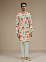 Cream men watercolor floral kurta pajama