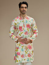 Cream men watercolor floral kurta pajama