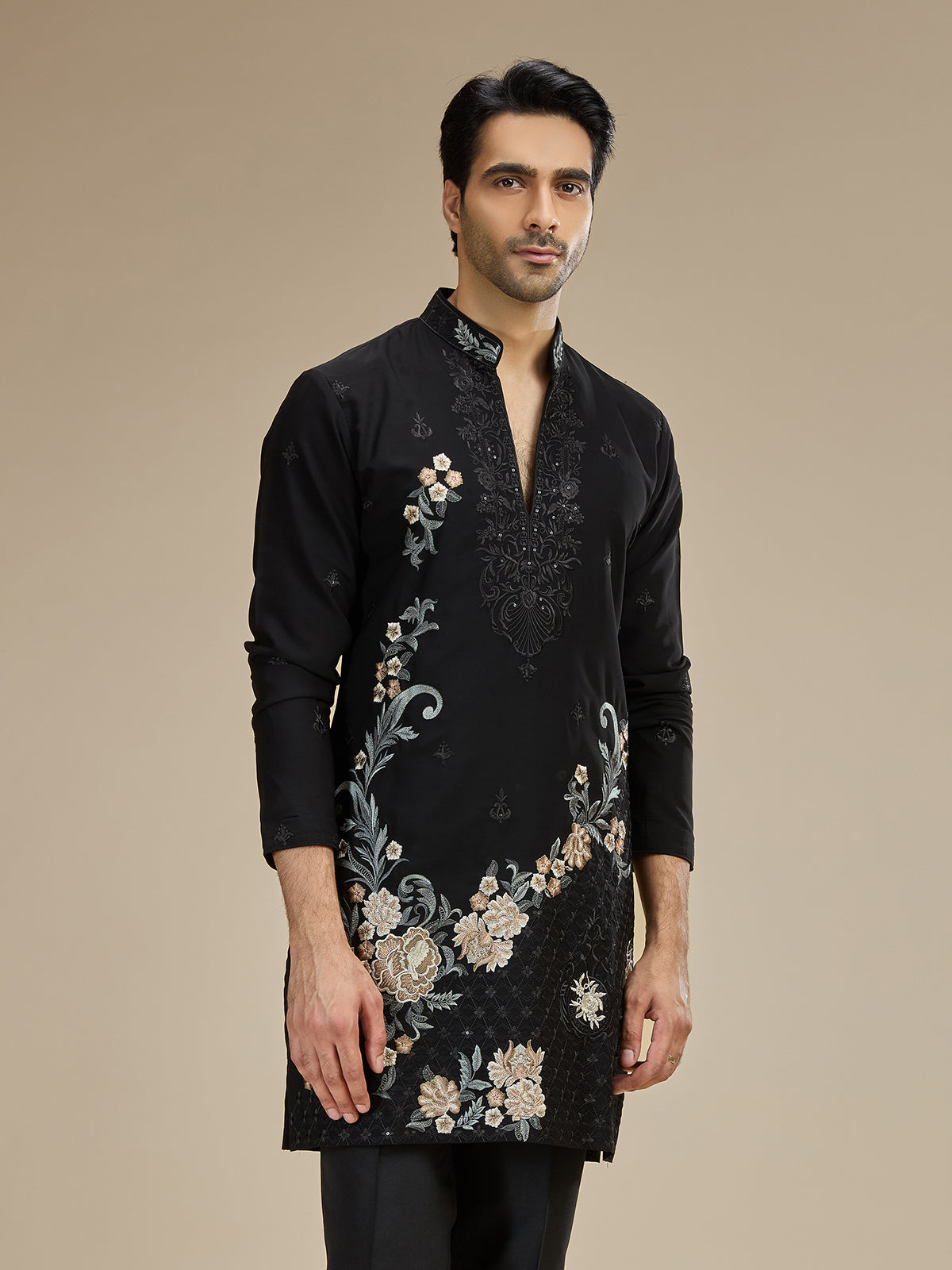 Black men asymmetric floral embroidered kurta suit