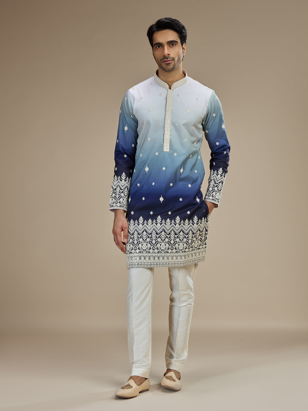 Ice blue men ombre tussar embroidered kurta suit