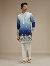 Ice blue men ombre tussar embroidered kurta suit