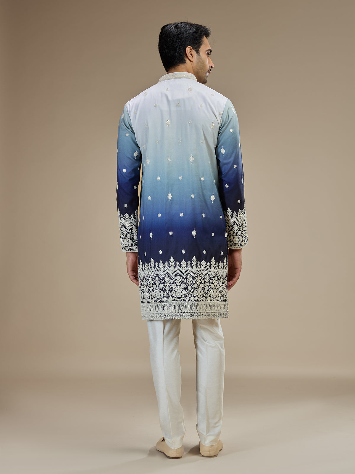Ice blue men ombre tussar embroidered kurta suit