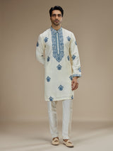 Cream men blue baroque floral kurta suit