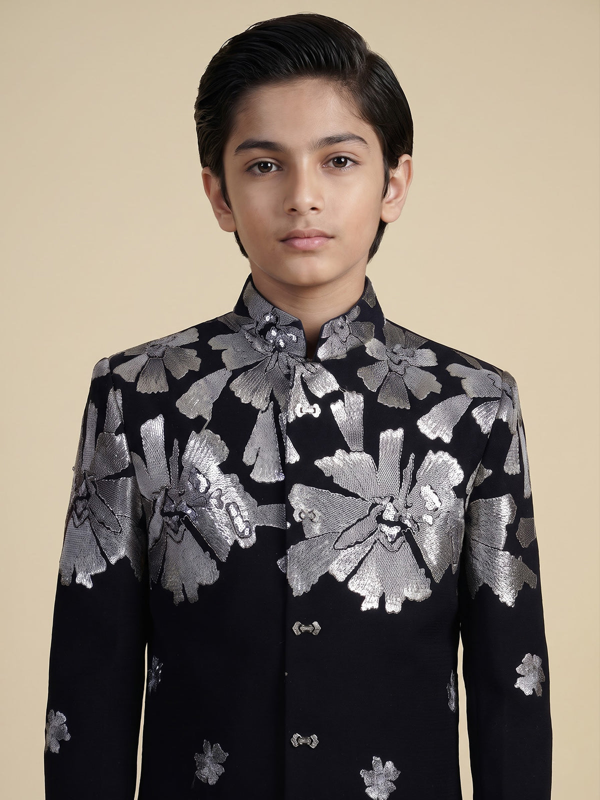 Black terry rayon indowestern set with floral embroidery