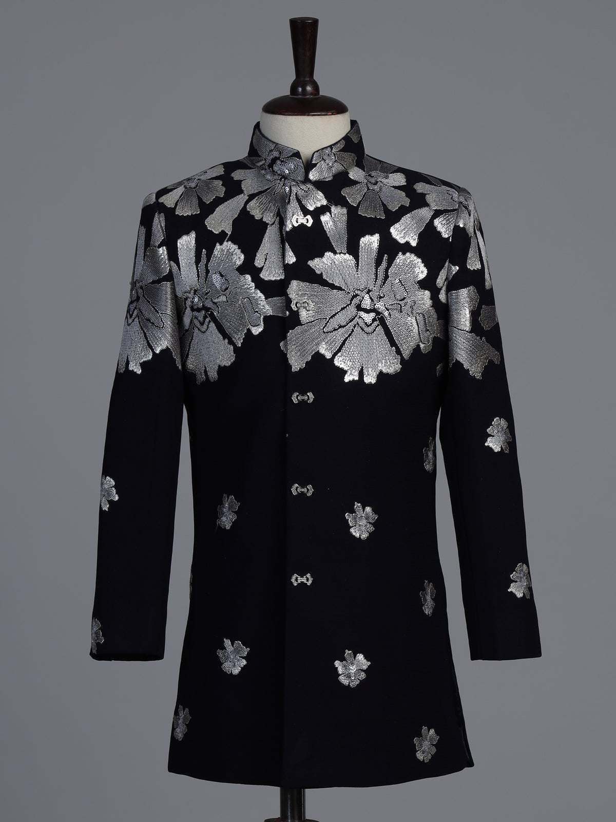 Black terry rayon indowestern set with floral embroidery