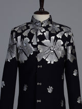 Black terry rayon indowestern set with floral embroidery
