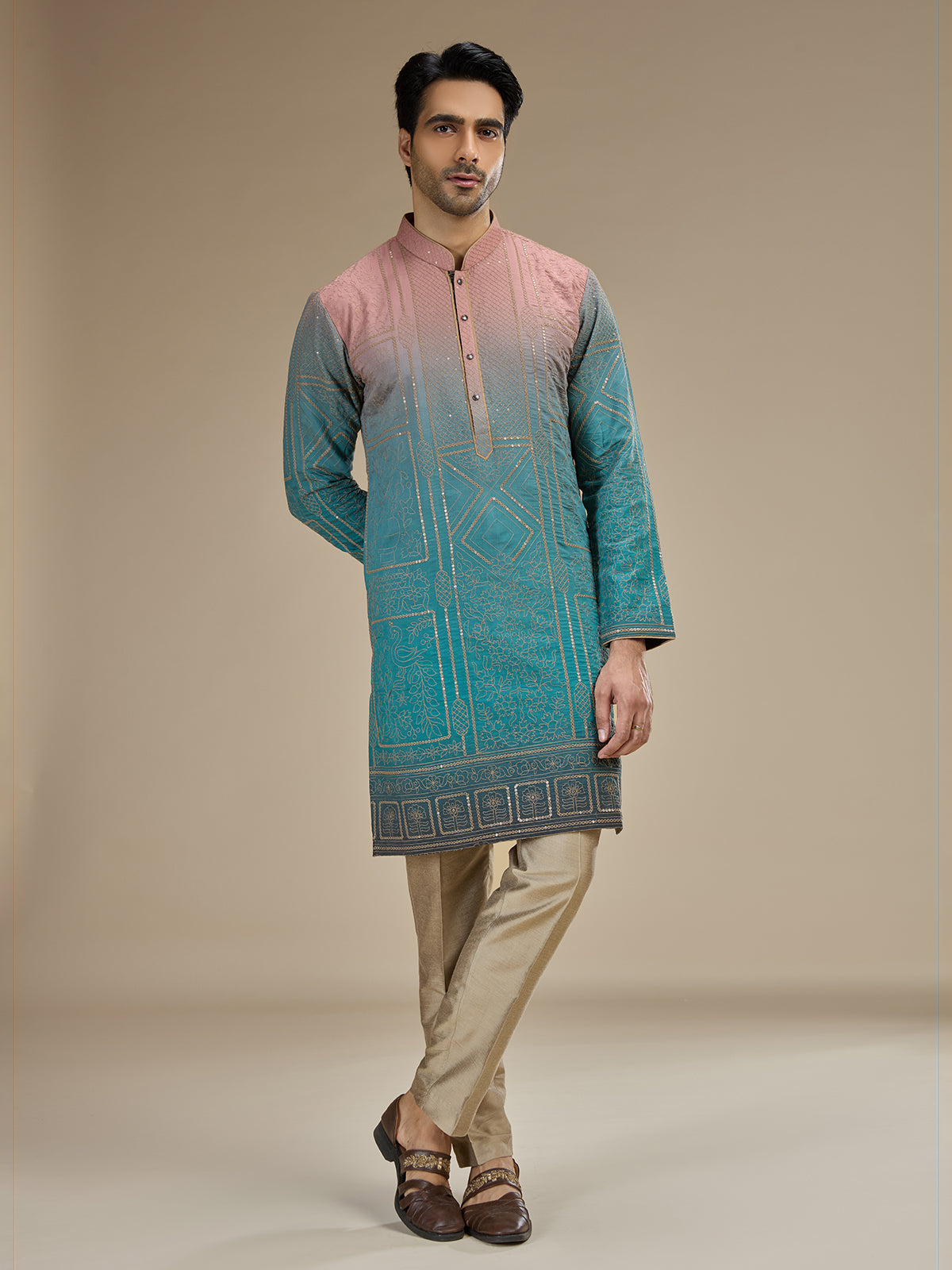 Blue men shaded chanderi embroidered kurta pajama