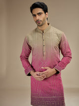 Pink men ombre chanderi threadwork kurta suit