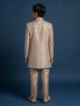 Beige silk blend indowestern set with embroidered brooch detailing