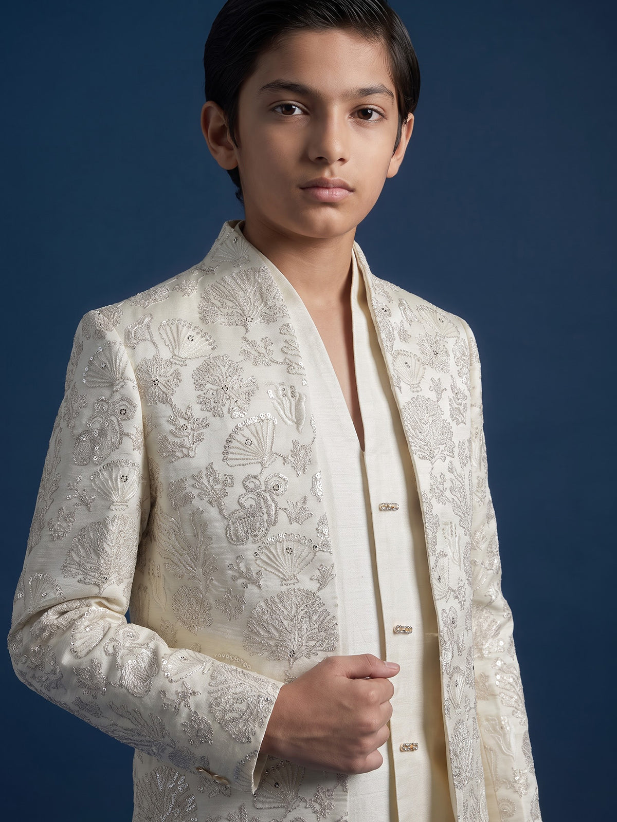 White silk blend indowestern set with refined sequins