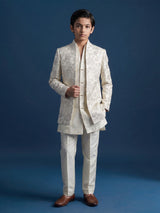 White silk blend indowestern set with refined sequins