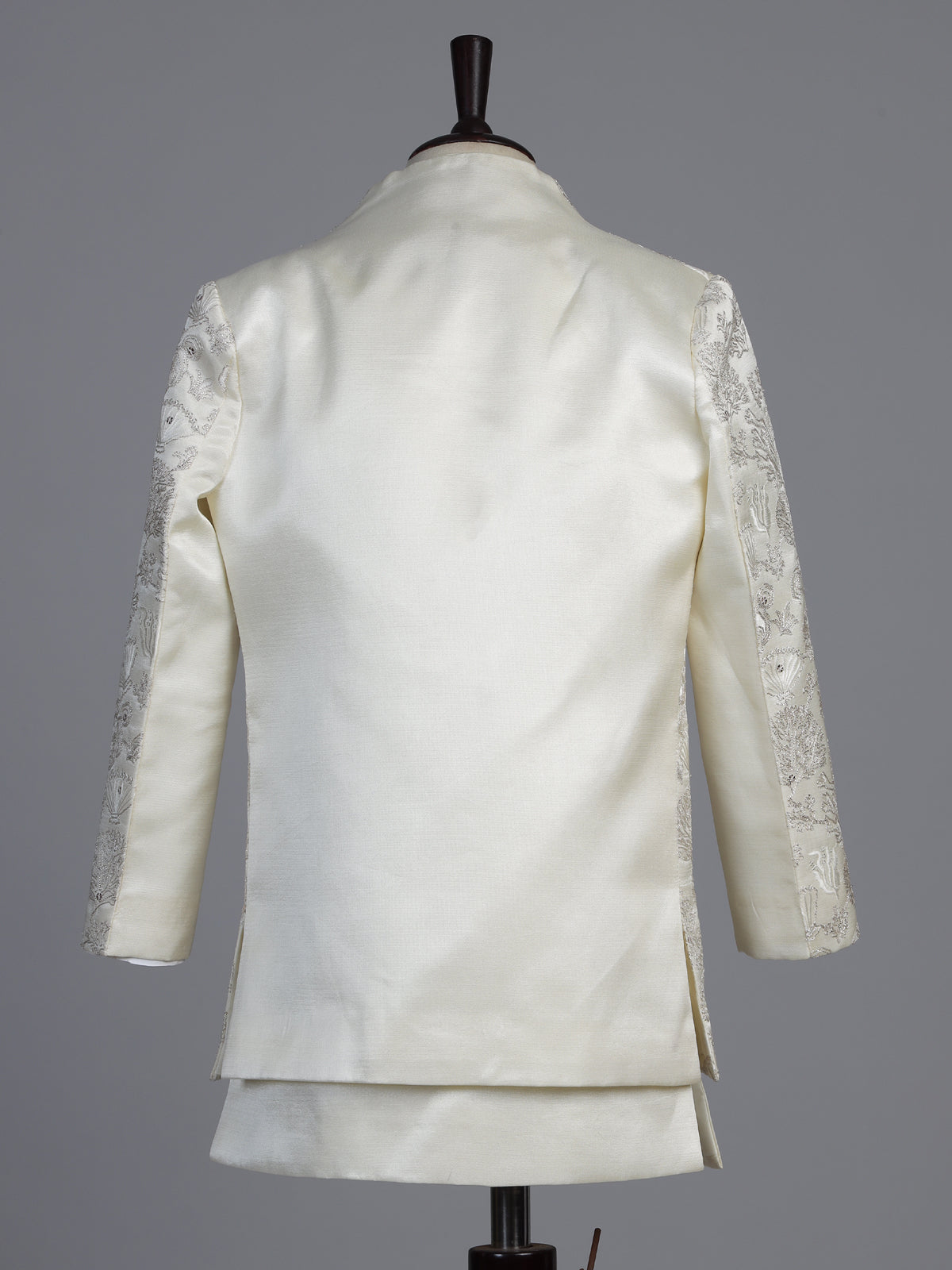White silk blend indowestern set with refined sequins