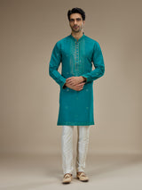 Teal blue men sequin yoke silk kurta pajama