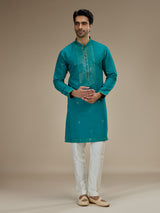 Teal blue men sequin yoke silk kurta pajama