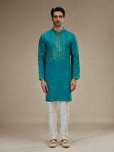 Teal blue men sequin yoke silk kurta pajama