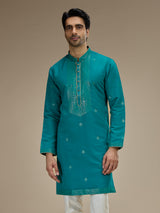 Teal blue men sequin yoke silk kurta pajama