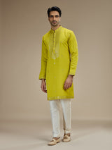Mehendi yellow men floral sequin kurta suit