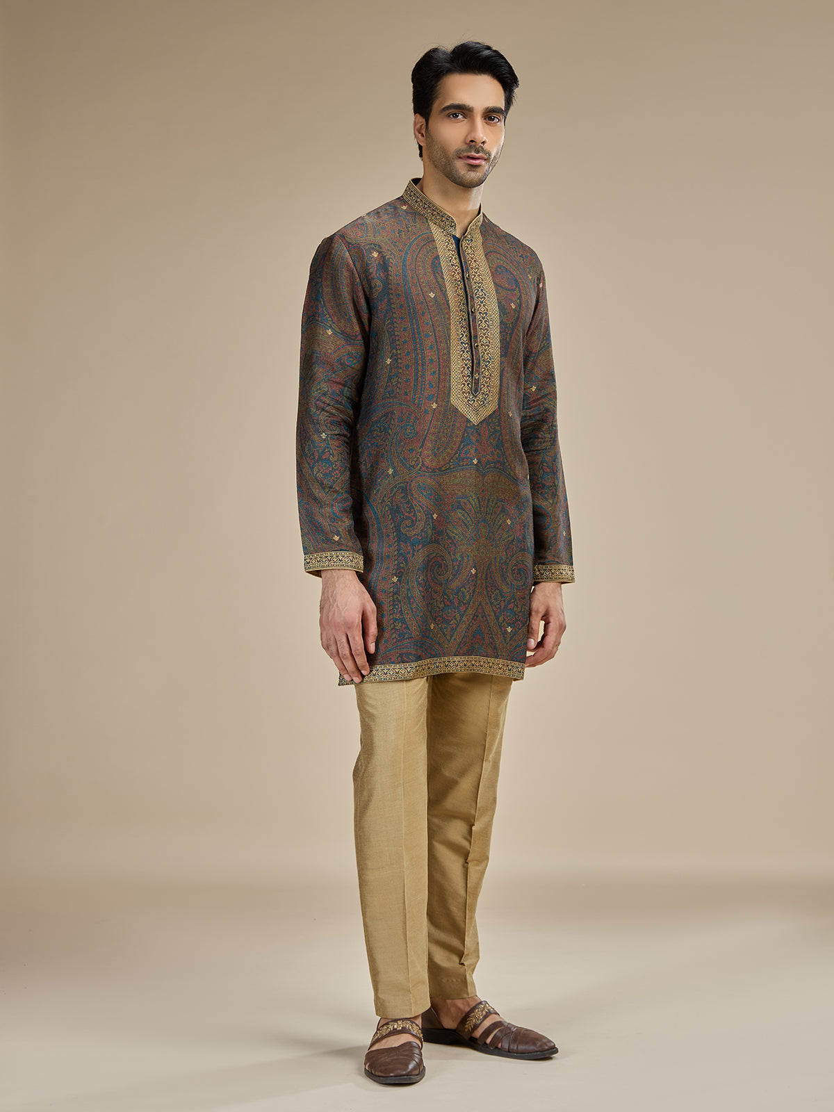Deep brown men kashmiri tapestry kurta pajama