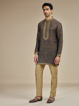 Deep brown men kashmiri tapestry kurta pajama